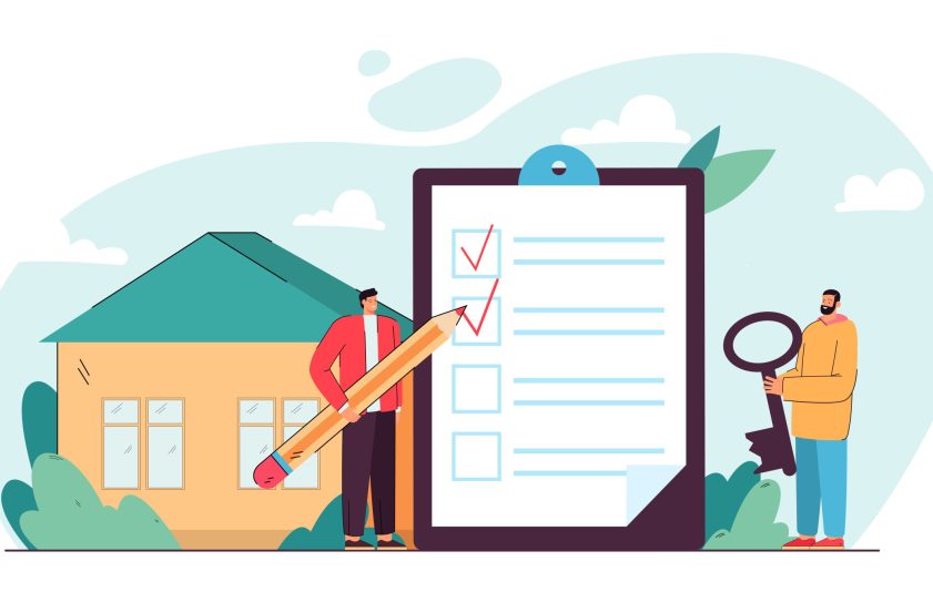 Two tiny men preparing for move. Flat vector illustration. Two people filling out giant list with checkmarks, holding key in background of house. Moving, housing, planning, renting, ownership concept
